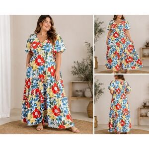 Plus Floral V-Neck Maxi Dress in Multi